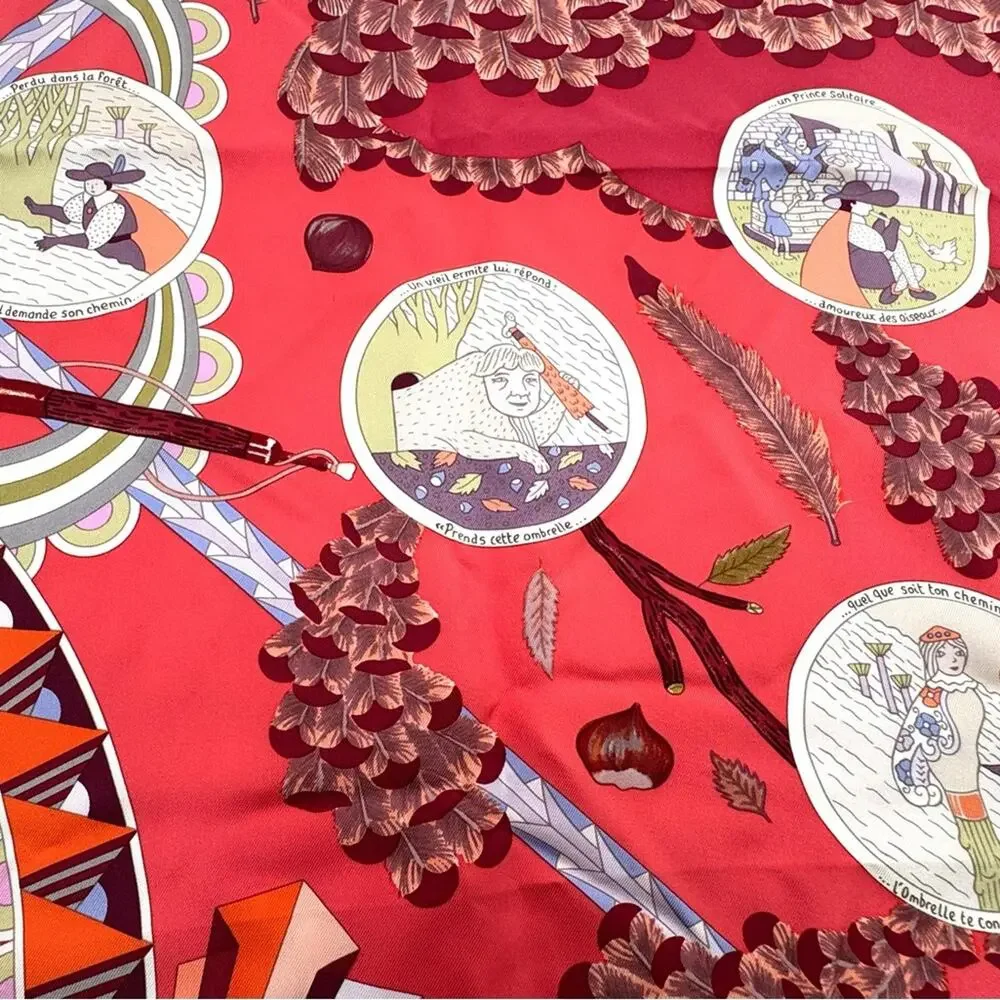 Hermes, silk scarf. The theme is the magic umbrella, coral colorway w/vignettes.